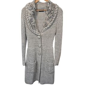 Dress Barn Taupe Long Line Wool Blend Chunky Knit Cardigan Sweater Floral Collar